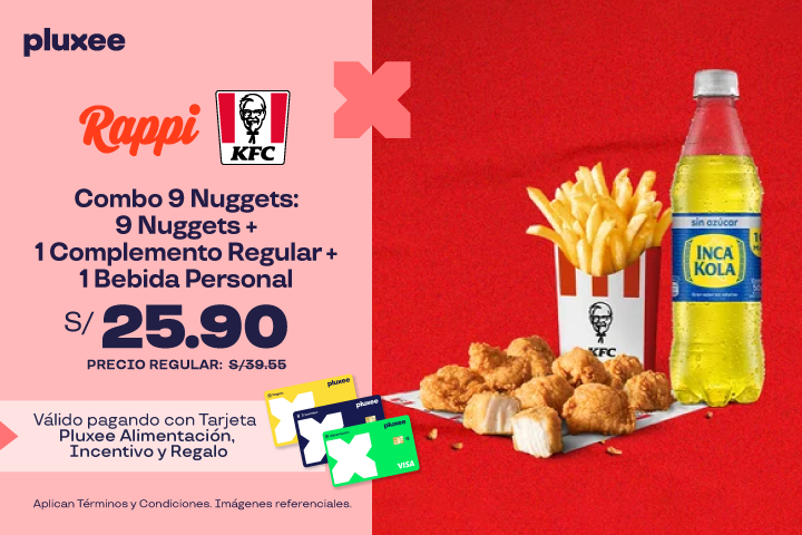 Combo 9 Nuggets: 9 Nuggets + 1 Complemento Regular + 1 Bebida Personal a S/.25.90. Precio regular  S/.39.55
