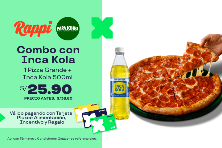 Combo con Inca Kola: 1 Pizza Grande + Inca Kola 500ml  a S/.25.90. Precio regular  S/ 38.80
