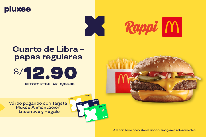 52%OFF en Cuarto de Libra + papas regulares a S/.12.90 . (Precio regular S/.26.80 )