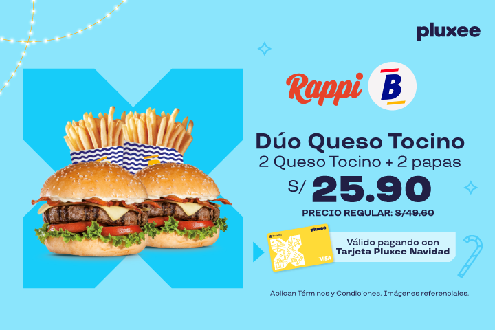 Bembos: 48%OFF en Duo Queso Tocino 2 Queso Tocino + 2 papas a S/.25.90. Precio regular S/.49.60.