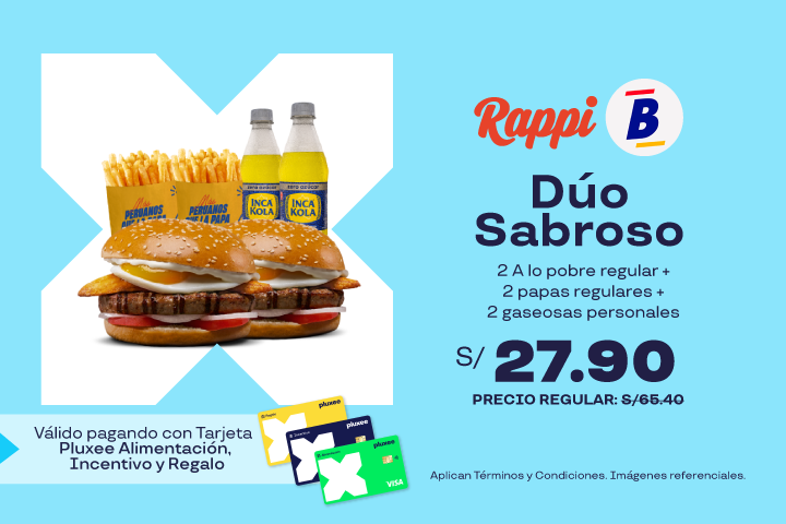 Dúo Sabroso: 2 A lo pobre regular + 2 papas regulares + 2 gaseosas personales a S/27.90.Precio regular  S/65.40.