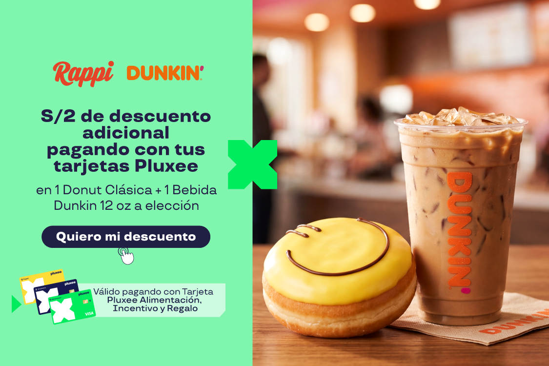 Dúo Dunkin:S/2 de descuento adicional en:1 Donut Clásica+1 Bebida Dunkin 12 oz a elección pagando con Tarjetas Pluxee.