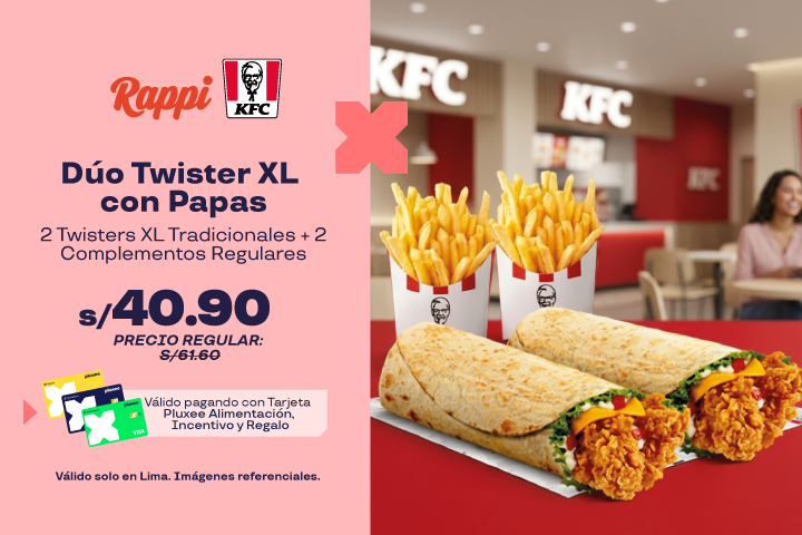 Dúo Twister XL + Papas: 2 Twisters XL Tradicionales + 2 Complementos Regulares  a S/40.9.Precio regular S/61.6.