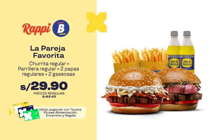 Bembos/ 53% OFF en  La Pareja Favorita: Churrita regular + Parrillera regular + 2 papas regulares + 2 gaseosas  a S/.29.90 (Precio regular S/63.4). 