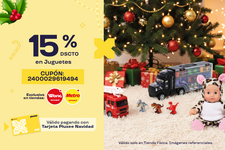 15% Dscto Juguetes.Cupón: 2400029619494. Válido solo en Tiendas Físicas