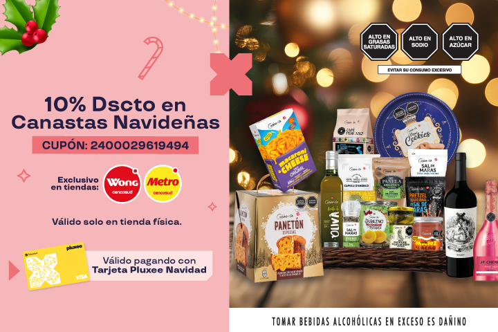 10% Dscto  Canastas Navideñas.Cupón: 2400029619494. Válido solo en Tienda Físicas