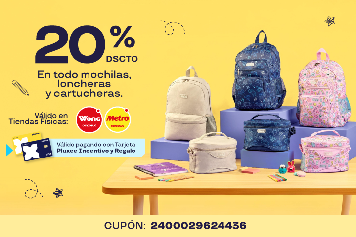 20% En todo mochilas, loncheras y cartucheras. Cupón: 2400029624436. Válido solo en Tiendas Físicas