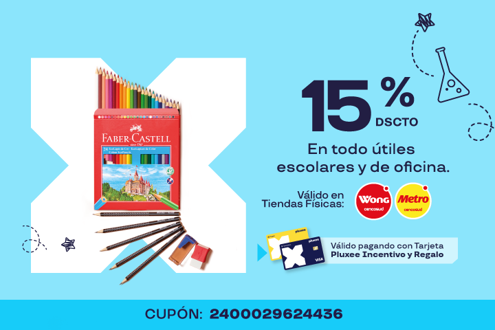 15% En todo útiles escolares y de oficina. Cupón: 2400029624436. Válido solo en Tiendas Físicas