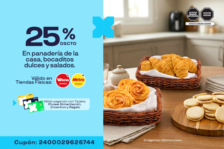 25% En panadería de la casa, bocaditos dulces y salados.Cupón: 2400029626744.