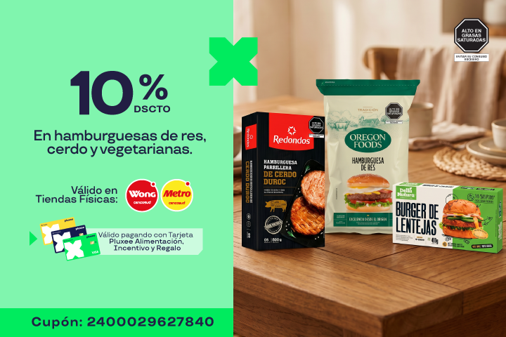 10% En hamburguesas de res, cerdo y vegetarianas. Cupón:2400029627840