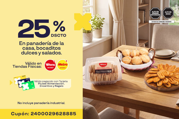 "	 25% En panadería de la casa, bocaditos dulces y salados. Octógonos de “alto en grasas saturadas” y “alto en sodio”."