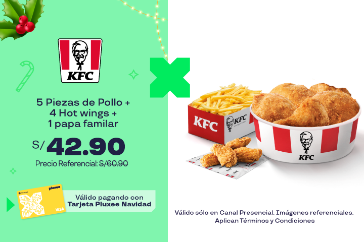 5 Piezas de Pollo+ 4 Hot wings + 1 Papa Familar a S/.42.90.Precio Referencial:S/.60.90. Válido  sólo en canal presencial.