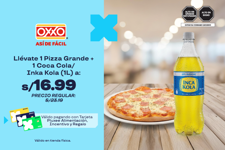 Llévate 1 Pizza Grande + 1 Coca Cola/Inka Kola de Litro a S/16.99.Precio Regular:S/23.19