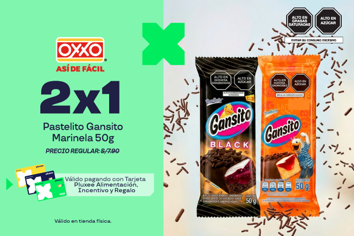 " Oxxo:2 x 1 Pastelito Gansito Marinela 50g .Precio Regular: S/7.60."