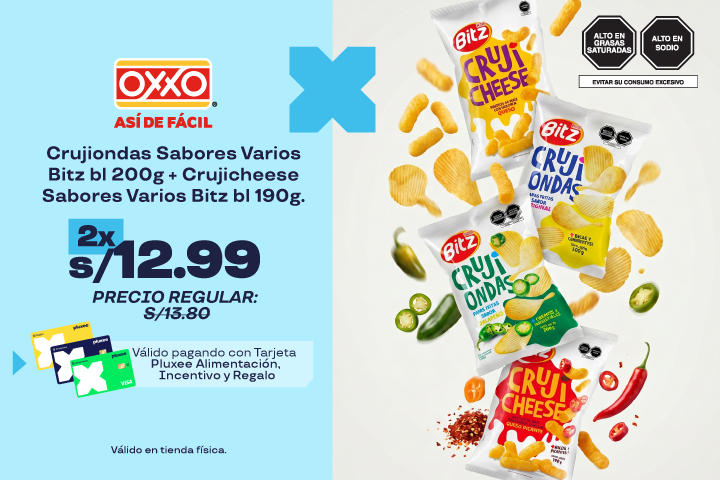 Crujiondas Sabores Varios Bitz bl 200g + Crujicheese Sabores Varios Bitz bl 190g. 2 X S/12.99.Precio Regular:S/13.80