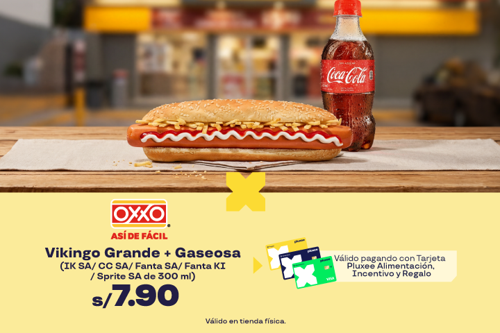 Vikingo Grande  + Gaseosa IK SA/ CC SA/ Fanta SA/ Fanta KI / Sprite SA de 300 ml a S/7.90
