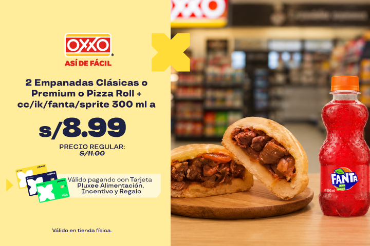2 Empanadas Clásicas o Premium o Pizza Roll + cc/ik/fanta/sprite 300 ml a S/8.99.Precio Regular: S/11.