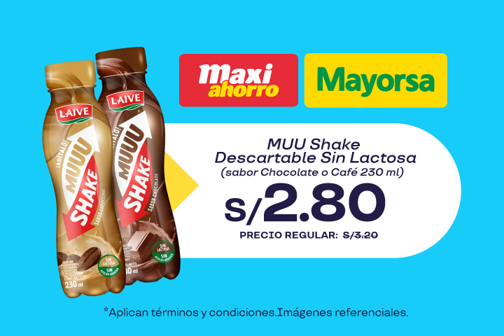 MUU Shake Descartable s/ Lactosa sabor Chocolate o Café 230 ml a S/2.8 (antes S/3.20)