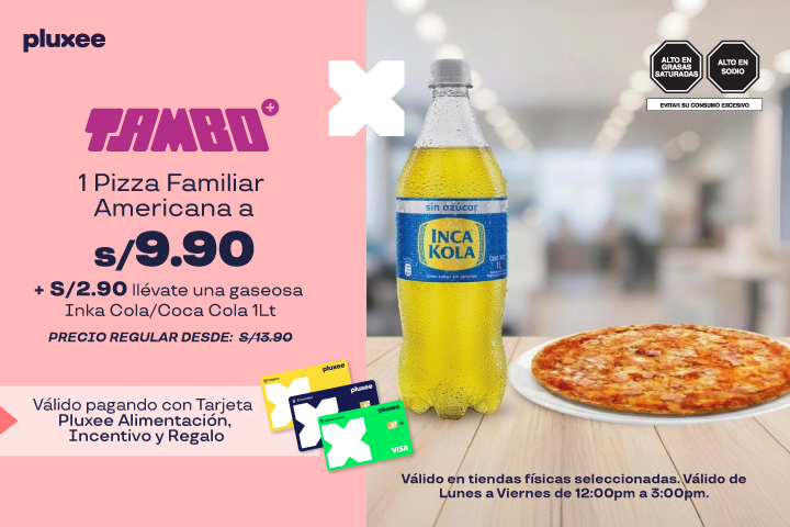  1 Pizza Familiar Americana a S/9.90 de Lunes a Viernes entre 12:00pm a 3:00pm + S/2.90 Llevate una gaseosa Inka Cola/Coca Cola 1Lt. Precio Regu