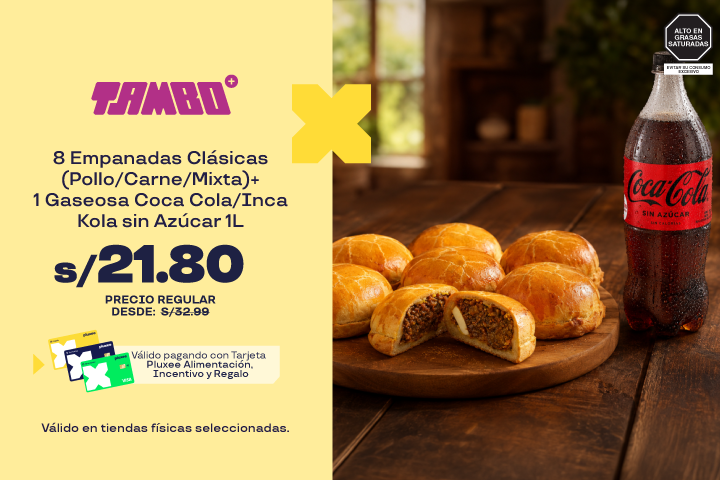 Tambo:8 Empanadas Clásicas (Pollo/Carne/Mixta) + 1 Gaseosa Coca Cola/Inca Kola sin Azúcar 1L a S/21.80.Precio Regular desde: S/32.99