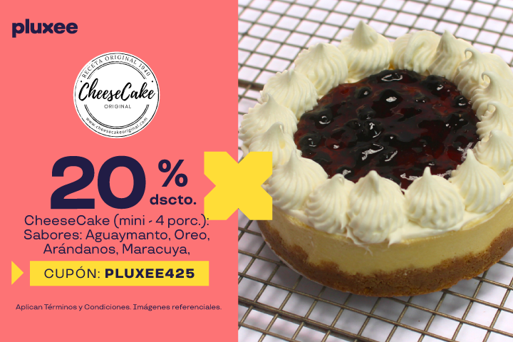 20% Dcto: CheeseCake (mini - 4 porc.): Sabores: Aguaymanto, Oreo, Arándanos, Maracuya, Fresas, Sauco. 