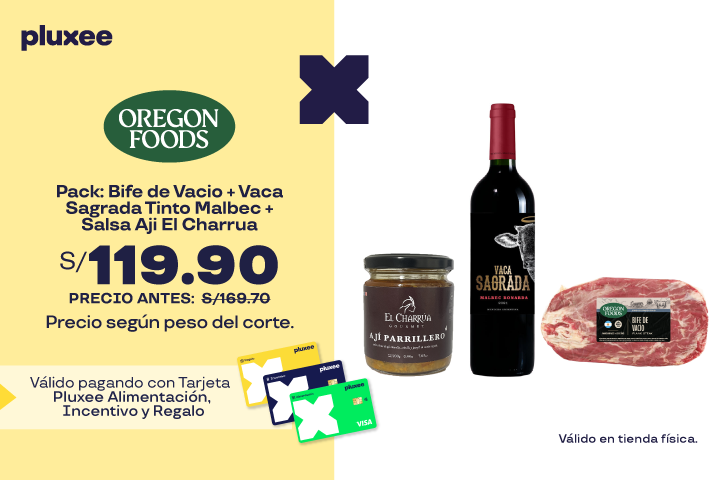 Pack: Bife de Vacio + Vaca Sagrada Tinto Malbec + Salsa Aji El Charrua a S/.119.90. Precio Regular S/.169.70.