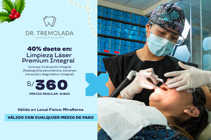 40% de dscto Limpieza Láser Premium Integral. Precio regular: S/.600. Precio promoción: S/.360 Evaluación integral (Radiografía panorámica, escaneo in