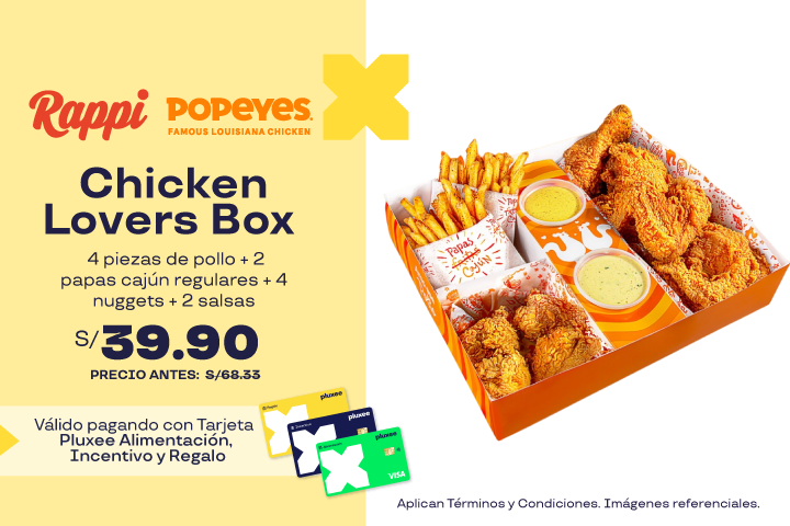 Chicken Lovers Box: 4 piezas de pollo + 2 papas cajún regulares + 4 nuggets + 2 salsas a S/39.90.Precio regular  S/68.33.