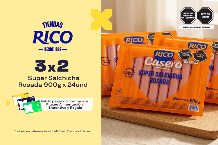 Rico Pollo:3 x 2 Super Salchicha Rosada 900g X 24und