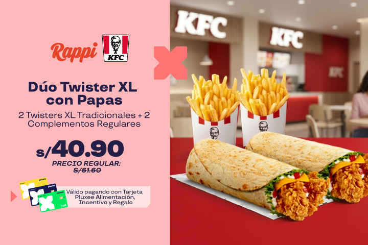 Dúo Twister XL con Papas: 2 Twisters XL Tradicionales + 2 Complementos Regulares a S/40.90.Precio regular  S/.61.60.