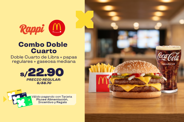 Combo Doble Cuarto: Doble Cuarto de Libra + papas regulares + gaseosa mediana  a S/20.90. Precio regular  S/38.70.