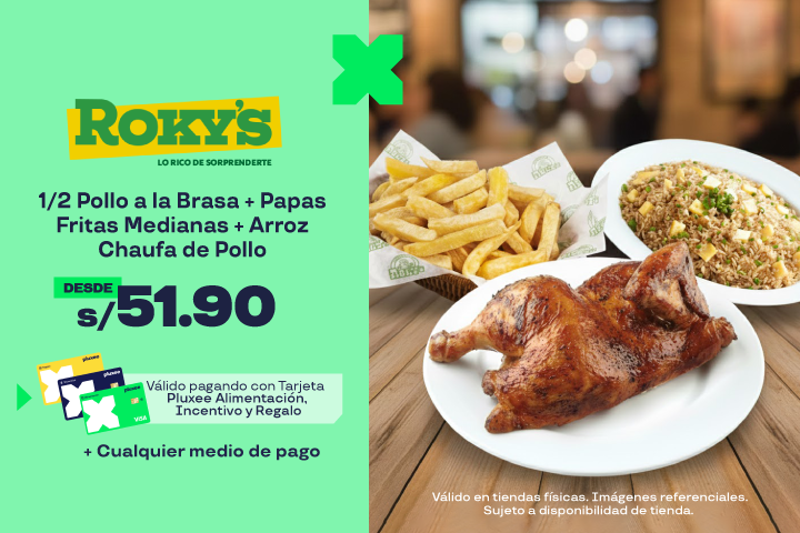 Roky's:Desde: S/51.90. 1/2 Rokys Clásico 1/2 Pollo a la Brasa +Papas Fritas Medianas + Arroz Chaufa de Pollo. El precio varia según tienda.