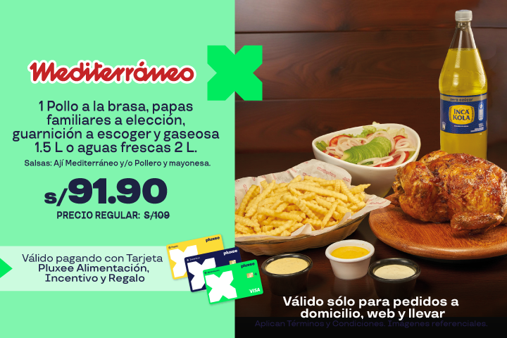 1 Pollo a la brasa con papas familiares a elección, guarnición a escoger y gaseosa de 1.5l o aguas frescas 2l.
