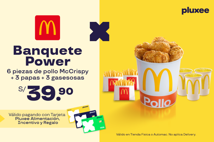 Banquete Power: Incluye 6 piezas de pollo McCrispy (cobertura enharinada crujiente), 3 papas regulares y 3 gaseosas regulares por S/39.90.