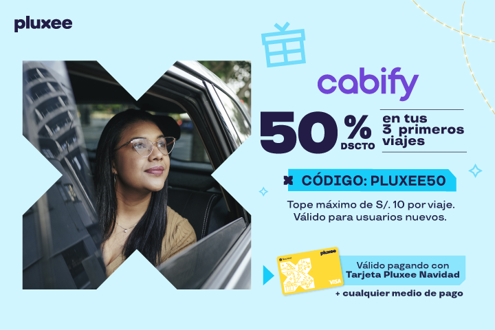 50% Dscto, 3 viajes, tope S/.10. Código de descuento: PLUXEE50. Válido pagando con cualquier medio de pago.