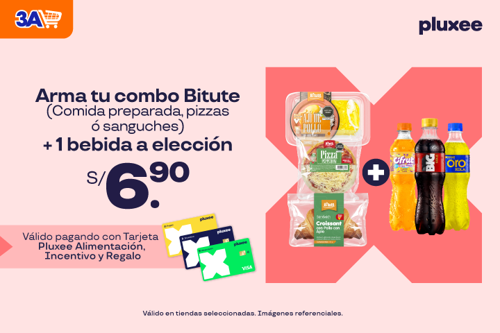 Arma tu combo bitute (Empanada, pizzas, comida preparada, sanguches) - Precio S/.6.90 cualquier comida + 1 bebida a elección. Válido solo en Tiendas s