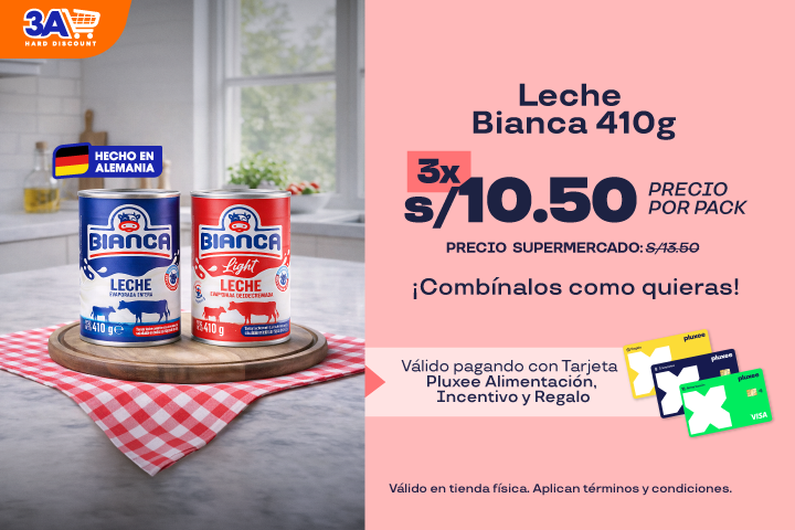 Leche Entera o light Bianca 410g. Lléva 3 x S/10.50.**Precio Supermercado: S/13.50.Precio por Pack. Combinalos como quieras.