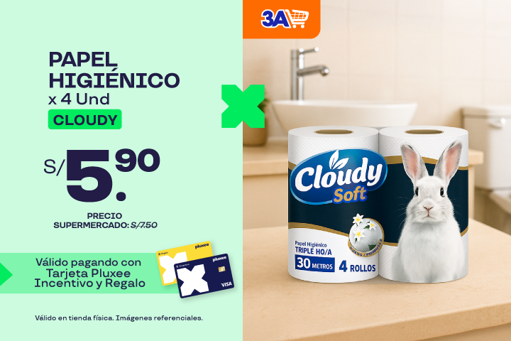 Papel Higienico Cloudy x 4 Und a S/5.90.**Precio Supermercado: S/7.50.Precio x pack