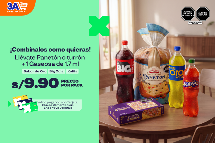 Llévate Panetón o Turrón + 1 Gaseosa de 1.7 ml Sabor de Oro/Big Cola/Kolita