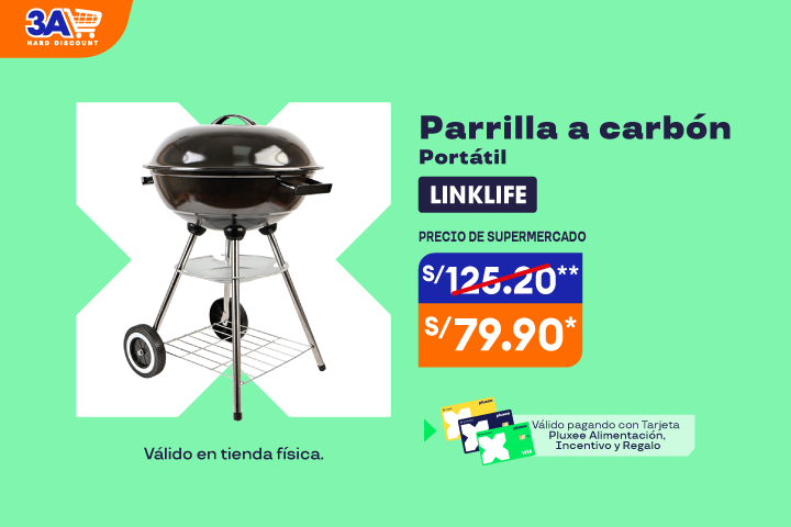 Linklife: Parrilla a Carbón Portátil. Precio a S/79.90.Precio Supermercado: S/125.20.