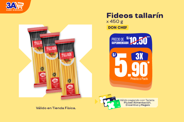 Fideos Tallarín x 450g. 3 X S/5.90.Precio Supermercado S/10.50. 