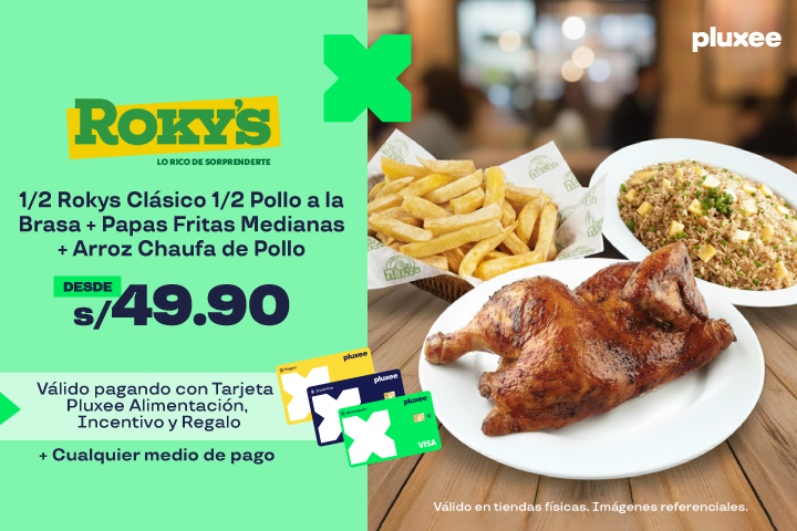 Desde: S/49.90. 1/2 Rokys Clásico 1/2 Pollo a la Brasa + Papas Fritas Medianas + Arroz Chaufa de Pollo. El precio varia según tienda