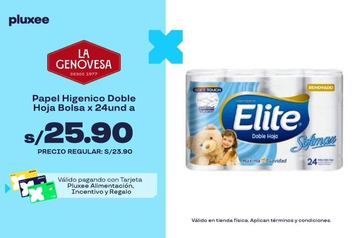Papel Higenico Doble Hoja Bolsa x 24und a S/23.90.Precio Regular: S/25.90