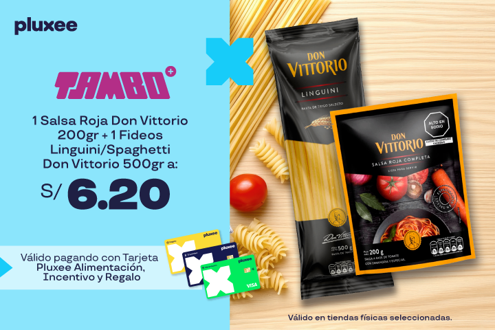 Salsa Roja Don Vittorio 200gr + 1 Fideos Linguini/Spaghetti Don Vittorio a S/.6.20.  Válido solo en Tiendas  seleccionadas.