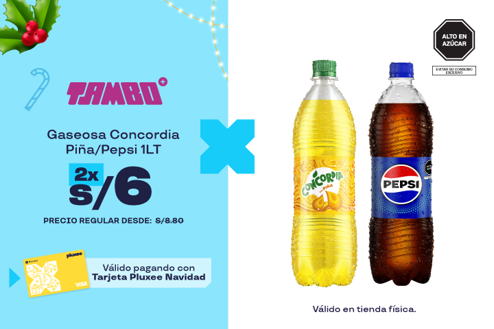 Gaseosa Concordia Piña/Pepsi 1LT 2 X S/6.00. Precio Regular: S/.8.80.
