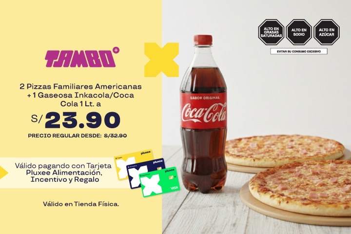 2 Pizzas Familiares Americanas + 1 Gaseosa Inka Kola/Coca Cola 1LT a S/23.90. Precio Regular:S/32.90