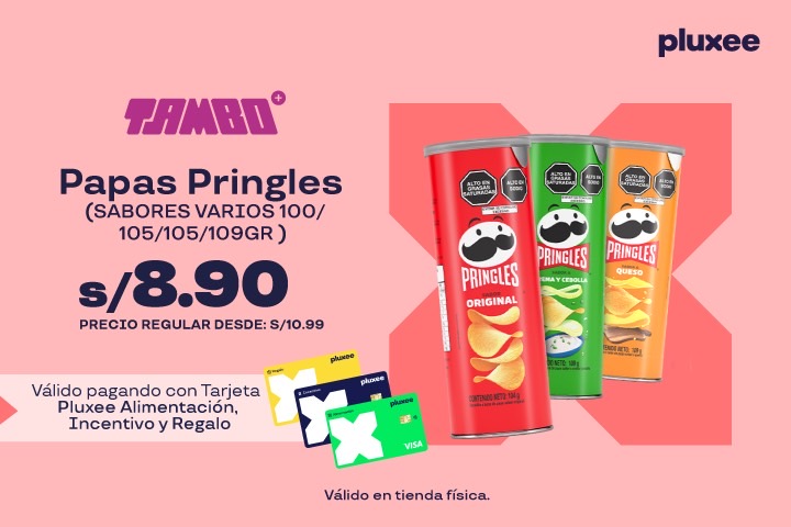 PAPAS PRINGLES SABORES VARIOS 100/105/105/109GR A S/8.90. Precio Regular: S/10.99