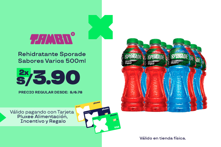 Rehidratante Sporade Sabores Varios 500ML 2 X S/3.90.Precio Regular:S/6.78