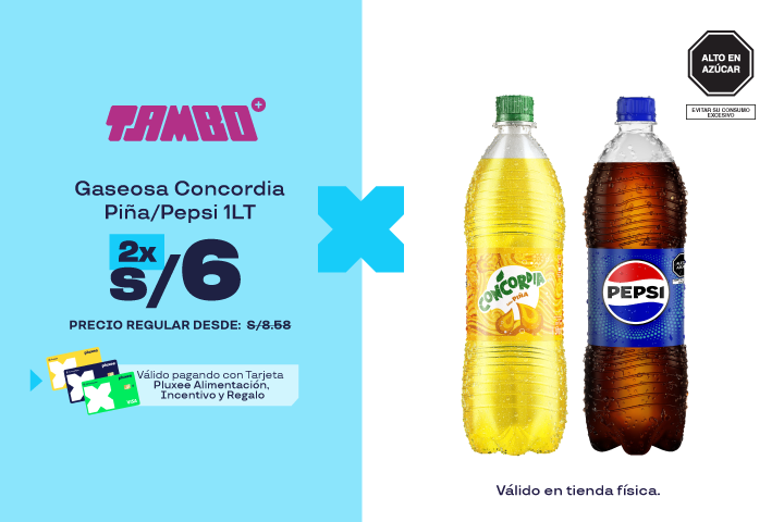 2 Gaseosas Pepsi/Concordia Piña 1lt a S/6.00.Precio Regular desde: S/8.58