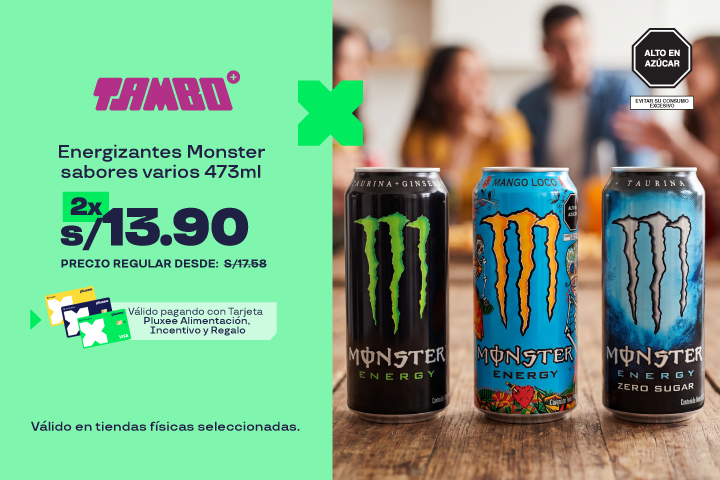 Tambo:2 Energizantes Monster sabores varios 473ml. Precio oferta S/ 13.90.8Precio Regular desde:S/17.58